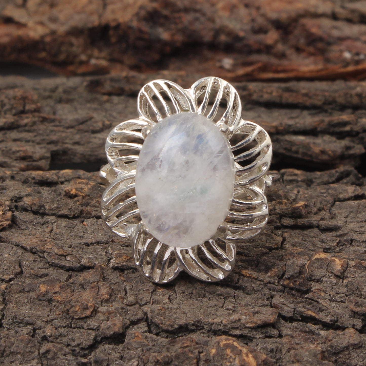 Rainbow Moonstone Openwork Ring Designer 925 Sterling Silver Natural Oval Shape Gemstone Prong Setting Ring Jewelry