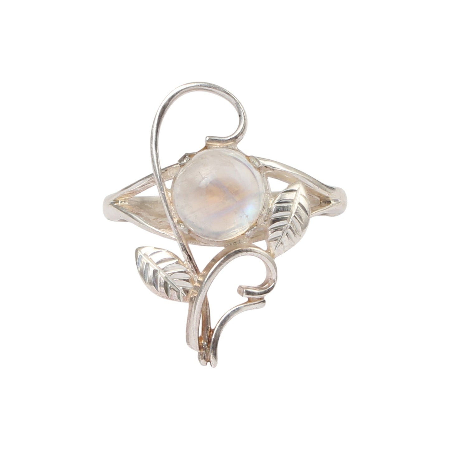 Designer Leaf Rainbow Moonstone Ring 925 Sterling Silver Natural Round Gemstone Prong Setting Ring