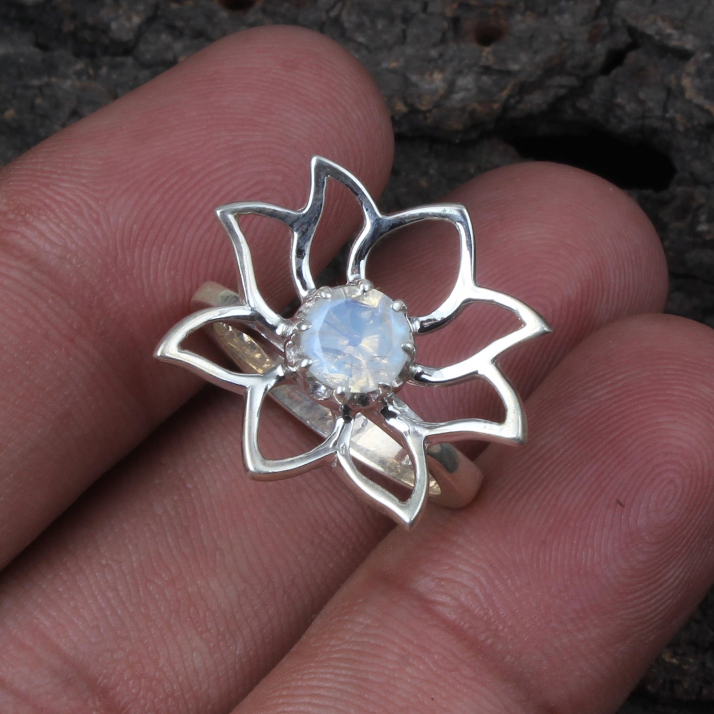 Rainbow Moonstone Lotus Flower Ring Handmade 925 Sterling Silver Natural Gemstone Ring