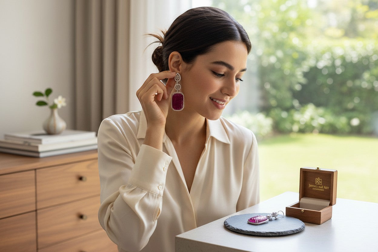 Jewels and art Emporium india woman wearing carved ruby and diamond drop earrings, sterling silver, elegant dangle, sparkling diamonds.