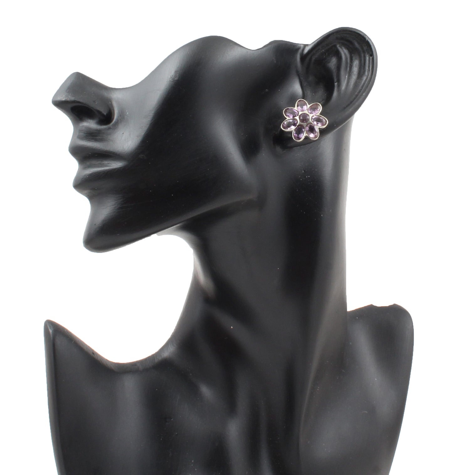 Natural Amethyst Gemstone Stud Handmade 925 Sterling Silver Floral Bezel Set Earrings