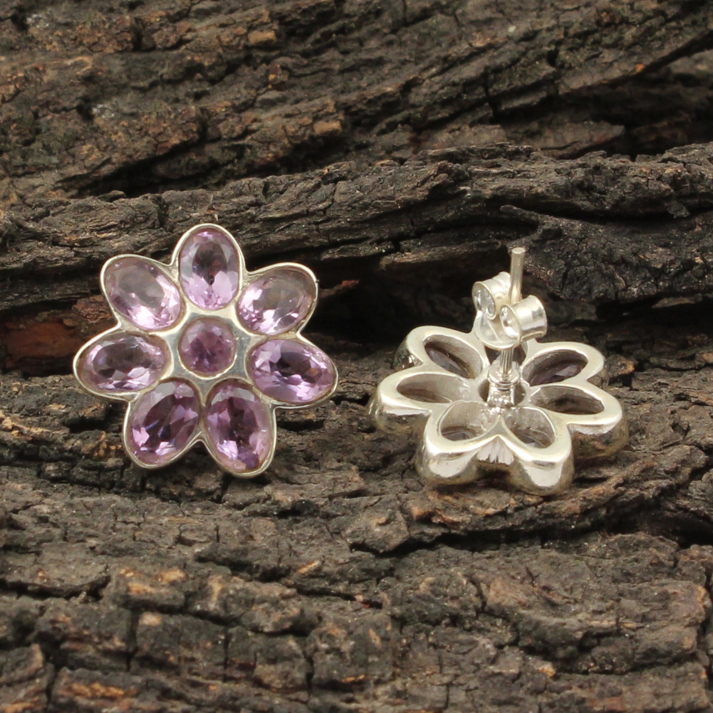 Natural Amethyst Gemstone Stud Handmade 925 Sterling Silver Floral Bezel Set Earrings