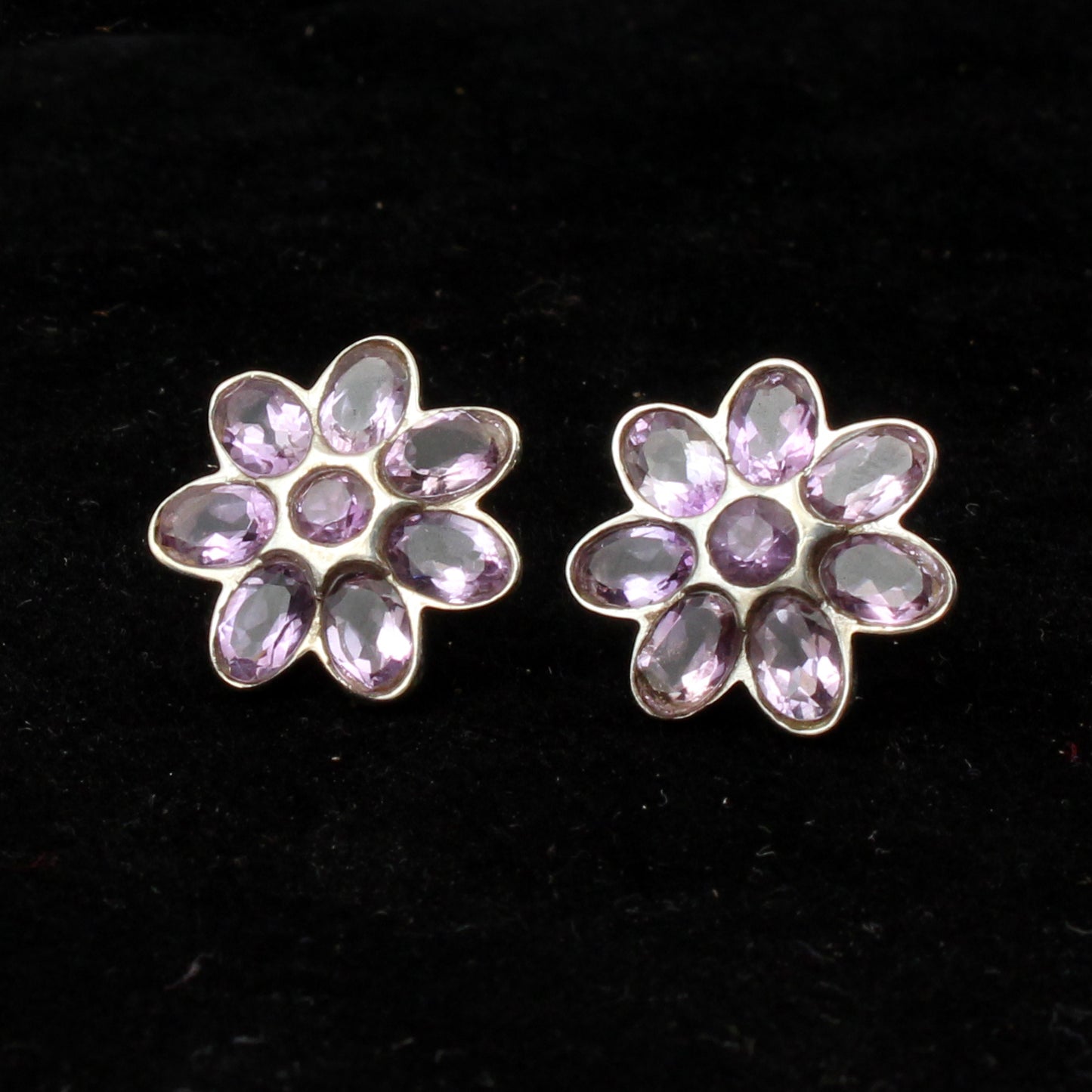 Natural Amethyst Gemstone Stud Handmade 925 Sterling Silver Floral Bezel Set Earrings