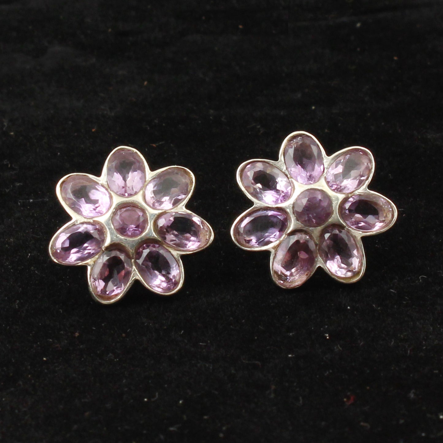Natural Amethyst Gemstone Stud Handmade 925 Sterling Silver Floral Bezel Set Earrings