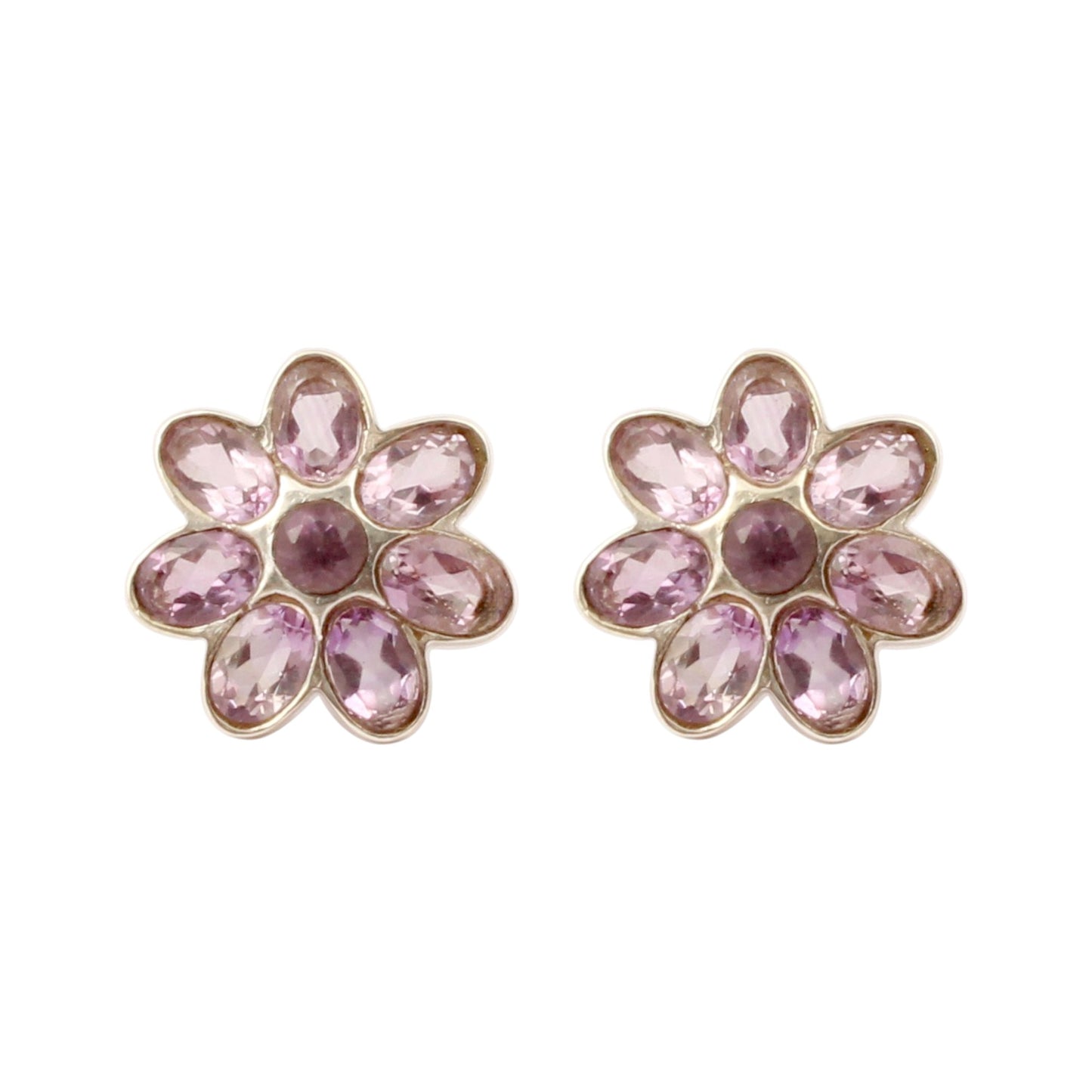 Natural Amethyst Gemstone Stud Handmade 925 Sterling Silver Floral Bezel Set Earrings