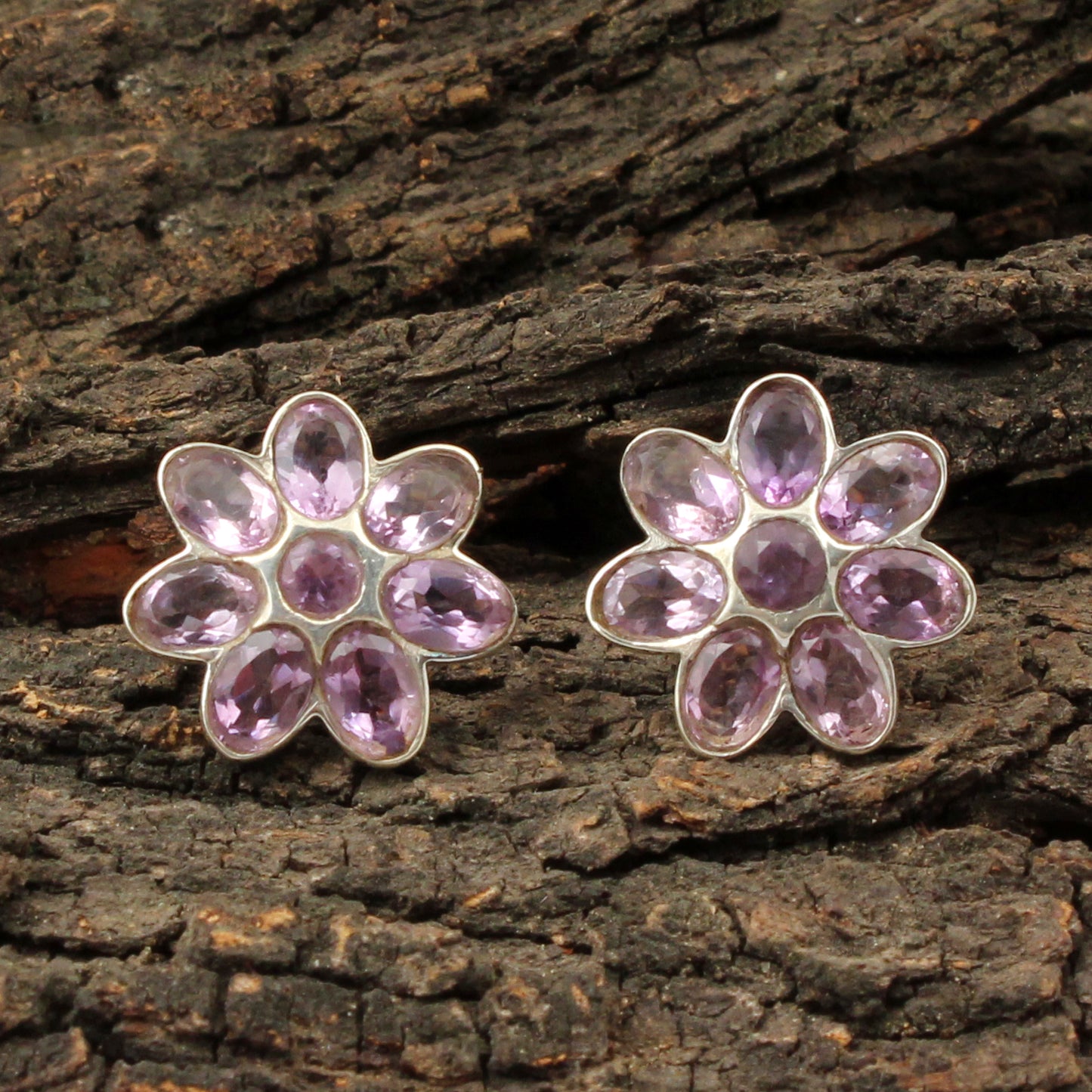 Natural Amethyst Gemstone Stud Handmade 925 Sterling Silver Floral Bezel Set Earrings