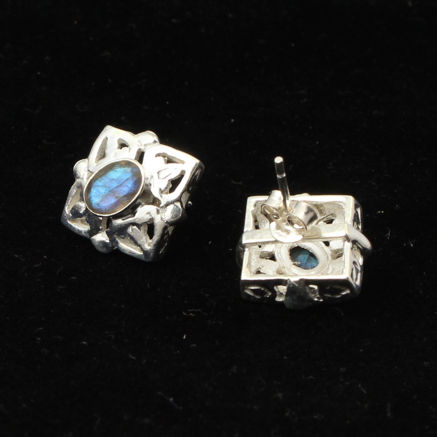 Labradorite Stud Earrings Faceted Gemstone Handmade Bezel Set 925 Sterling Silver Jewelry