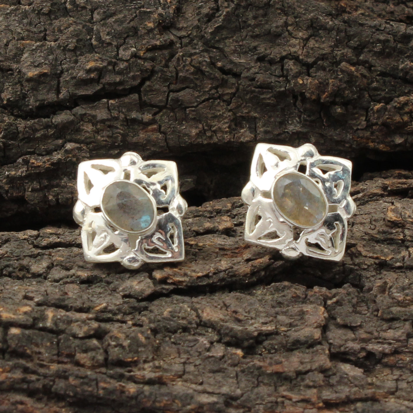 Labradorite Stud Earrings Faceted Gemstone Handmade Bezel Set 925 Sterling Silver Jewelry