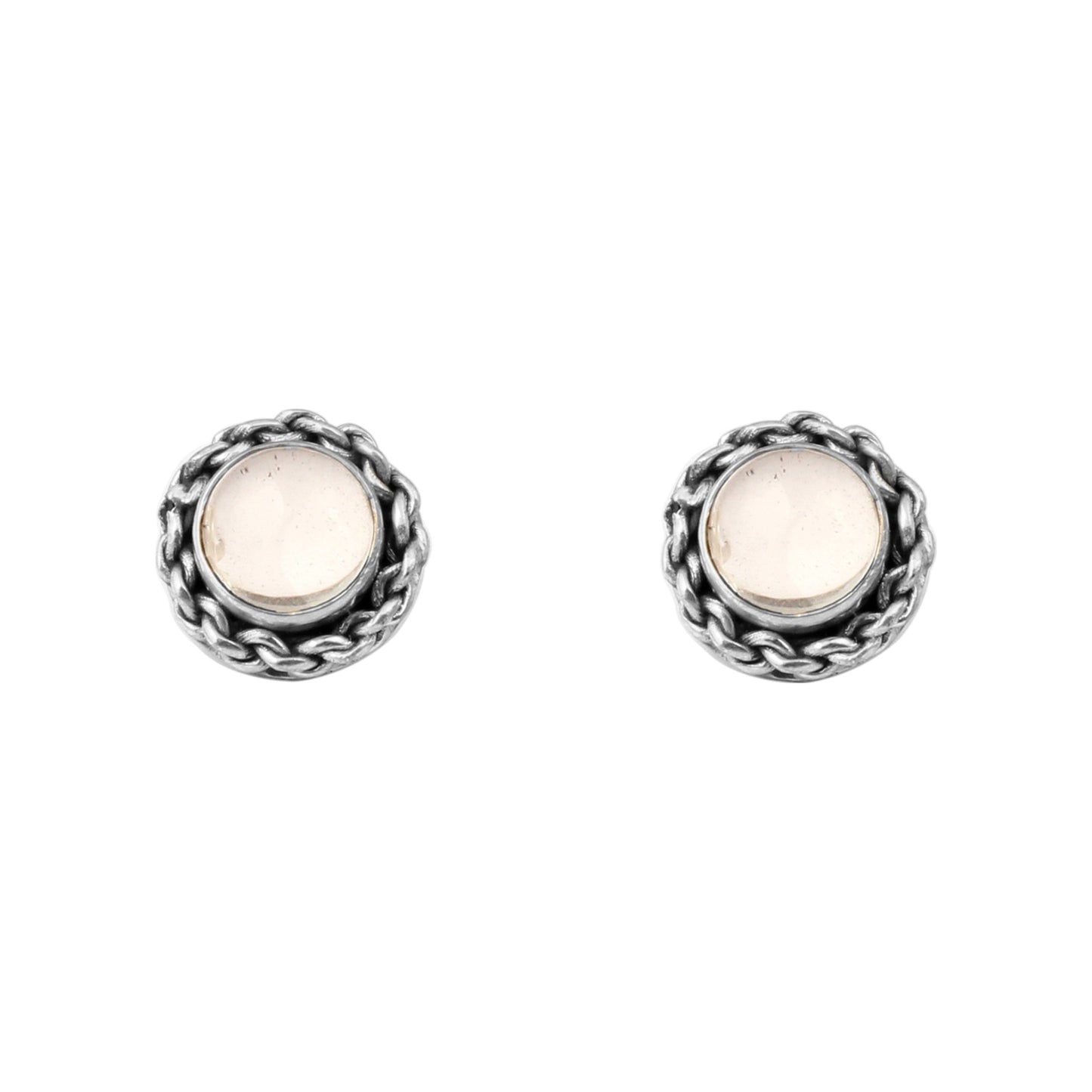 Round Crystal Quartz Stud Earrings Handmade Bohemian 925 Sterling Silver Jewelry