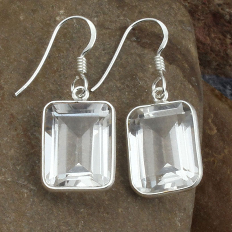 Crystal Quartz Earrings 925 Sterling Silver Bezel Set Gemstone Jewelry