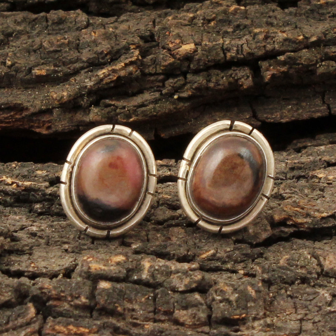 Natural Rhodonite Stud Earrings Handcrafted 925 Sterling Silver Jewelry