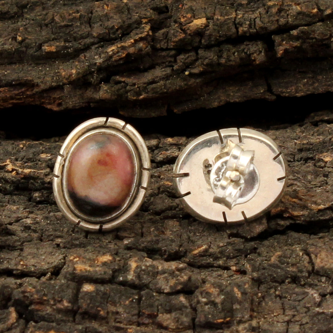Natural Rhodonite Stud Earrings Handcrafted 925 Sterling Silver Jewelry