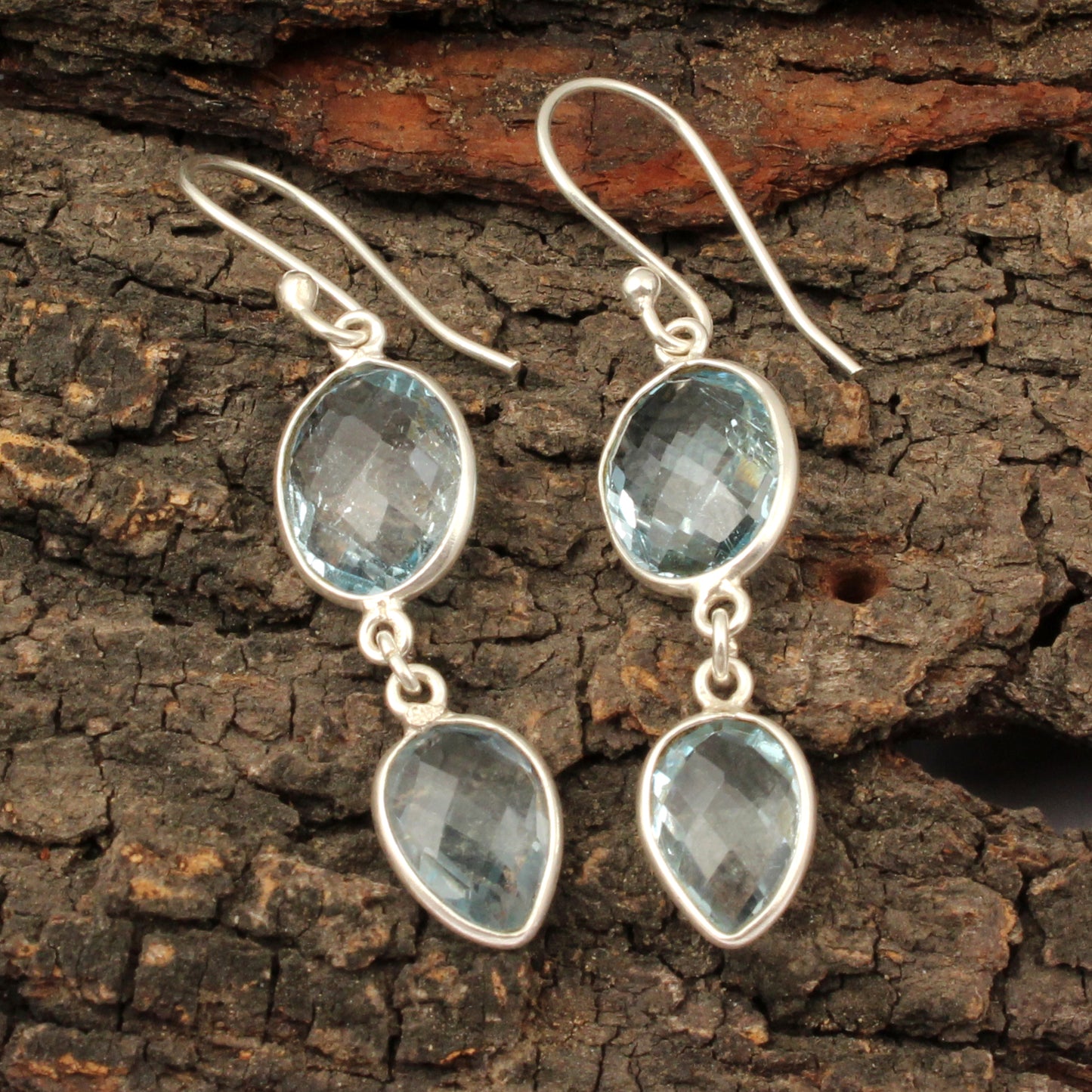 Checker Cut Blue Topaz Earrings Handmade 925 Sterling Silver Dangle Jewelry