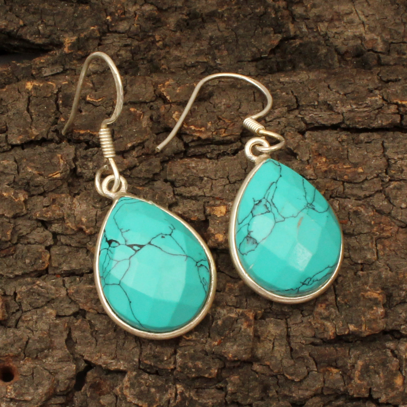 Turquoise Earrings 925 Sterling Silver Pear Shaped Minimalist Dangle Faceted Gemstone Jewelry