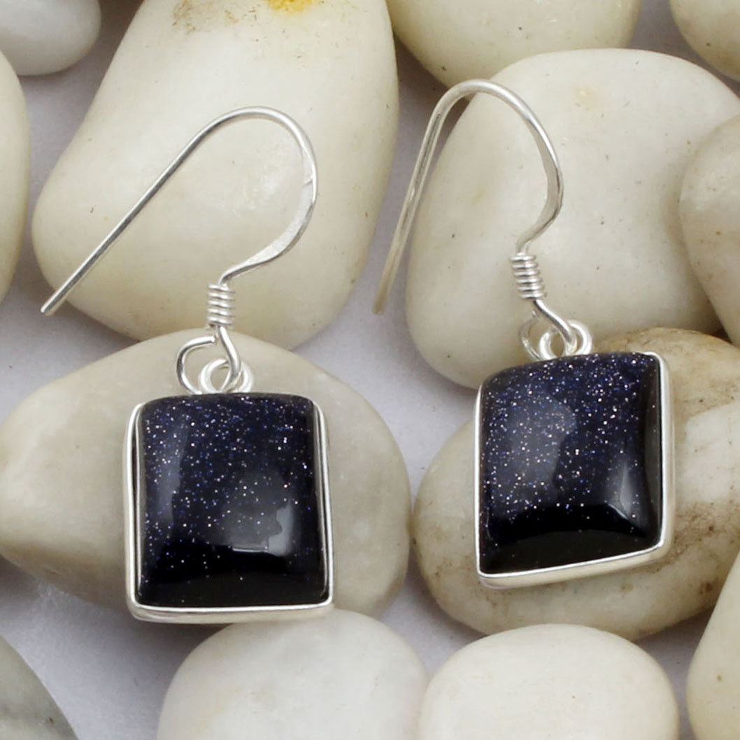 Blue Sunstone Earrings Bezel Set Statement Earrings 925 Sterling Silver Earrings