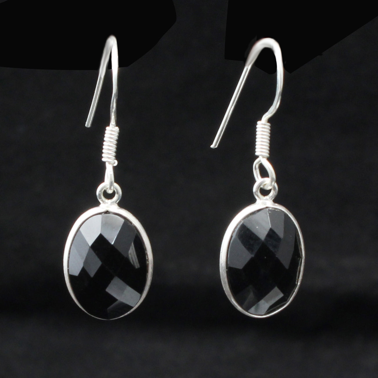 Faceted Black Onyx Earrings with 925 Sterling Silver Handmade Oval Shape Dangle Jewelry