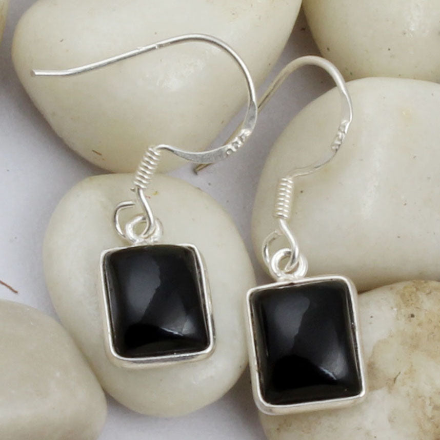 Black Onyx 925 Sterling Silver Lightweight Minimalist Gemstone Dangle Earrings