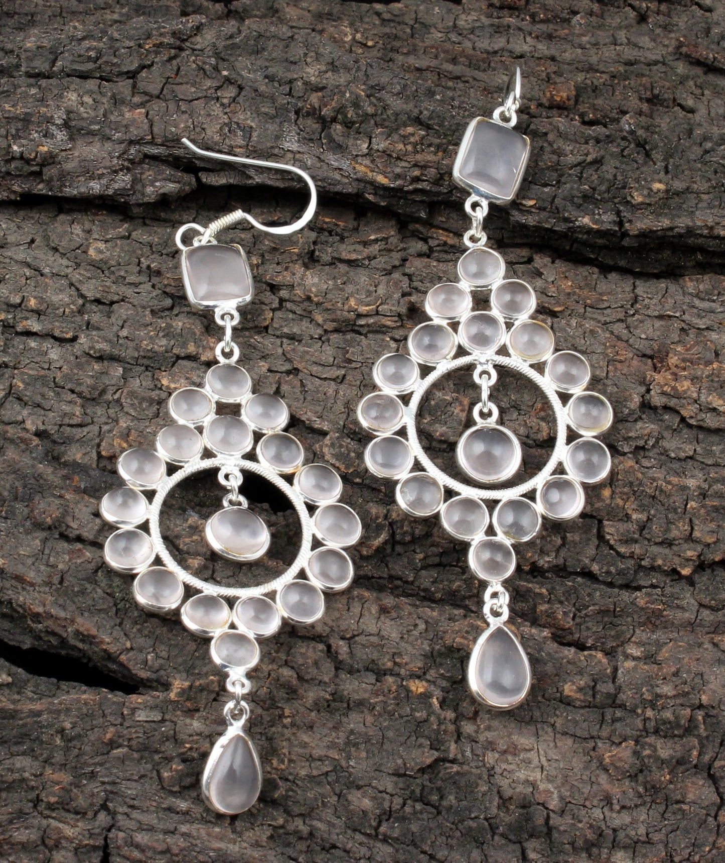 Long Dangle Multi Rose Quartz 925 Sterling Silver Earrings