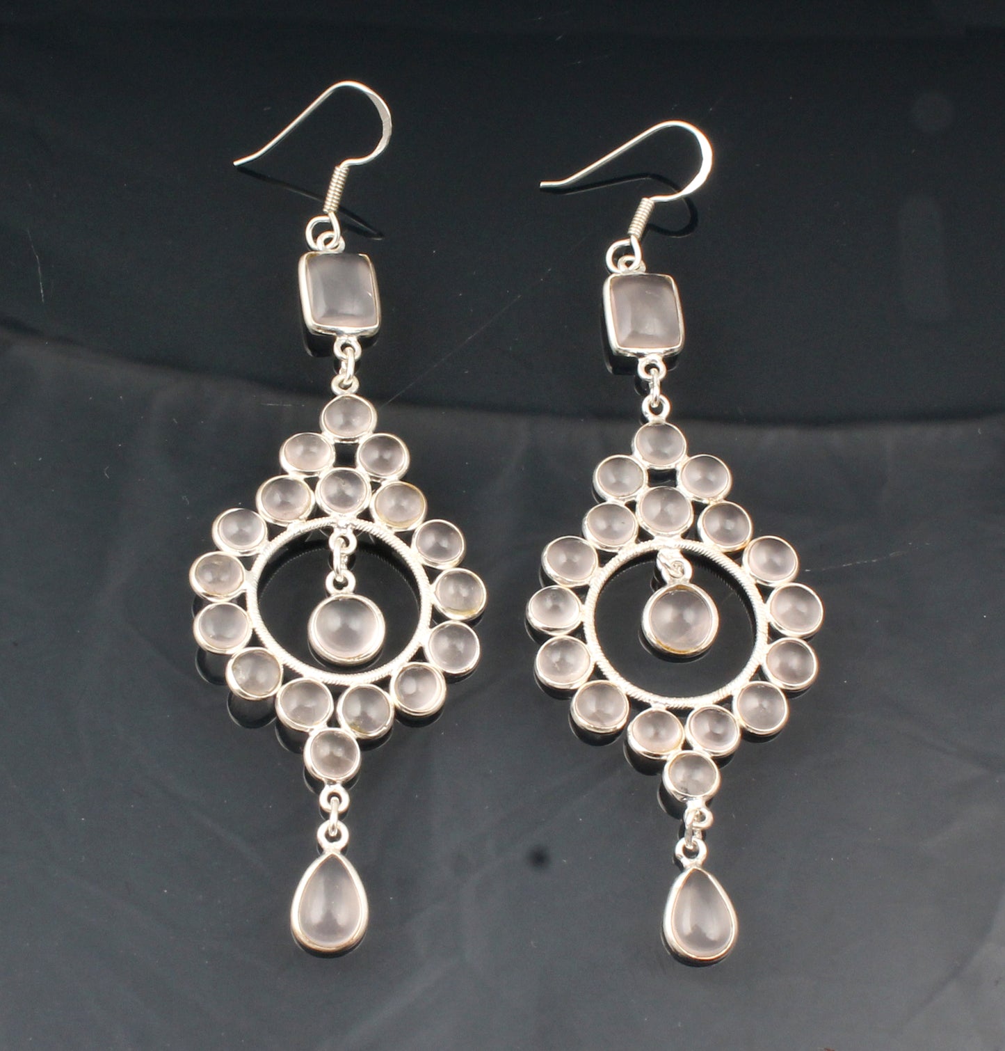 Long Dangle Multi Rose Quartz 925 Sterling Silver Earrings