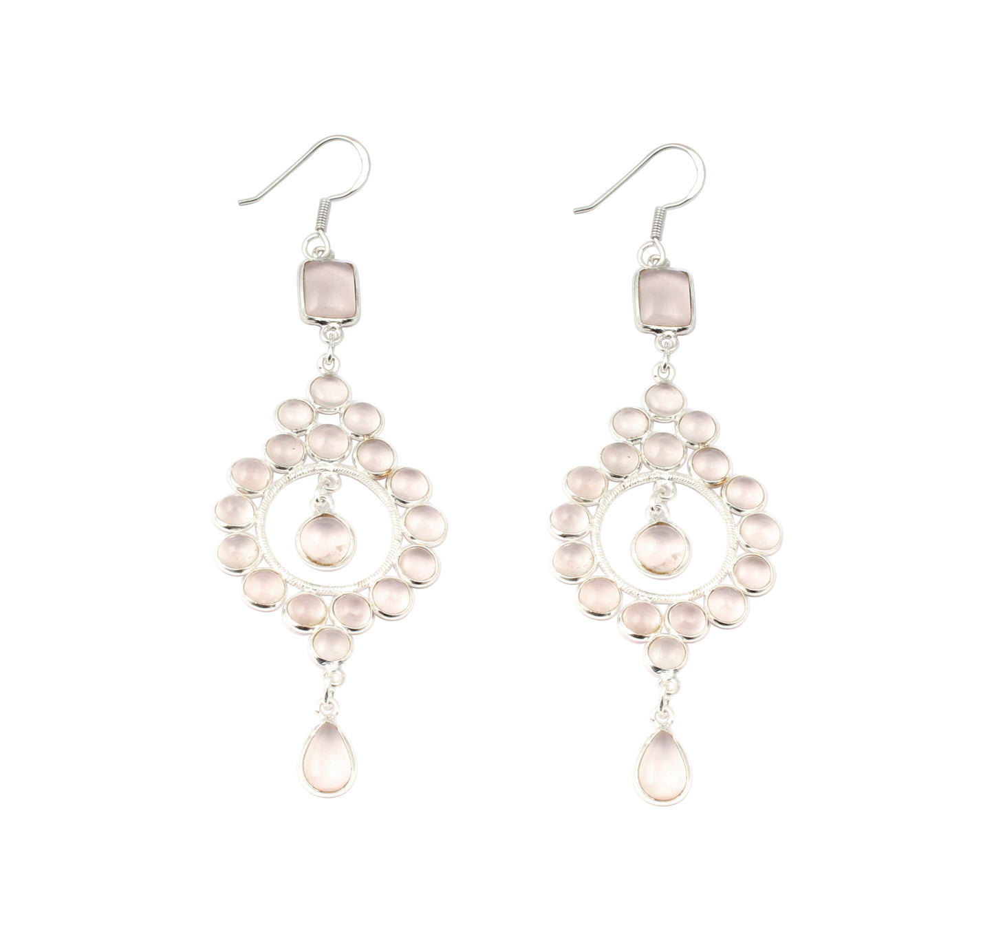 Long Dangle Multi Rose Quartz 925 Sterling Silver Earrings