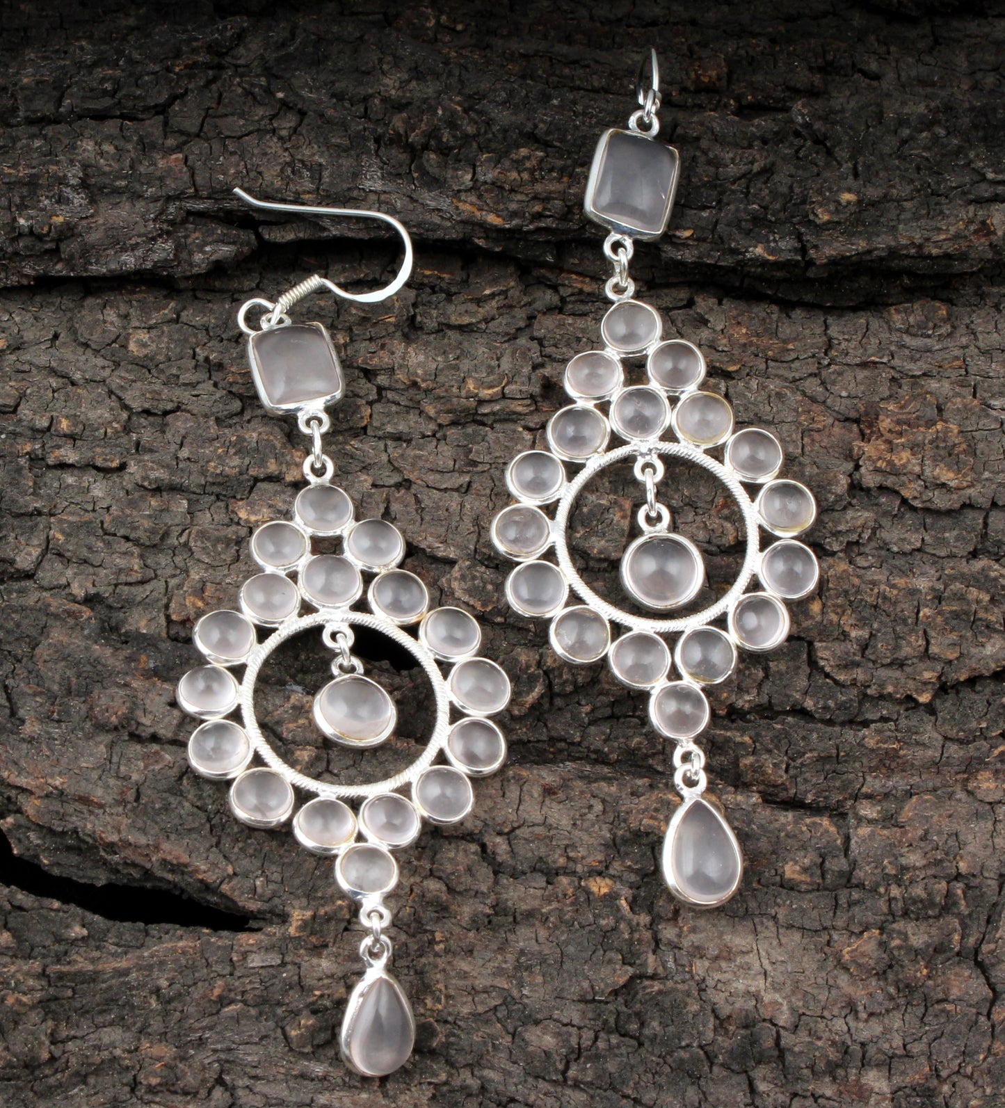 Long Dangle Multi Rose Quartz 925 Sterling Silver Earrings