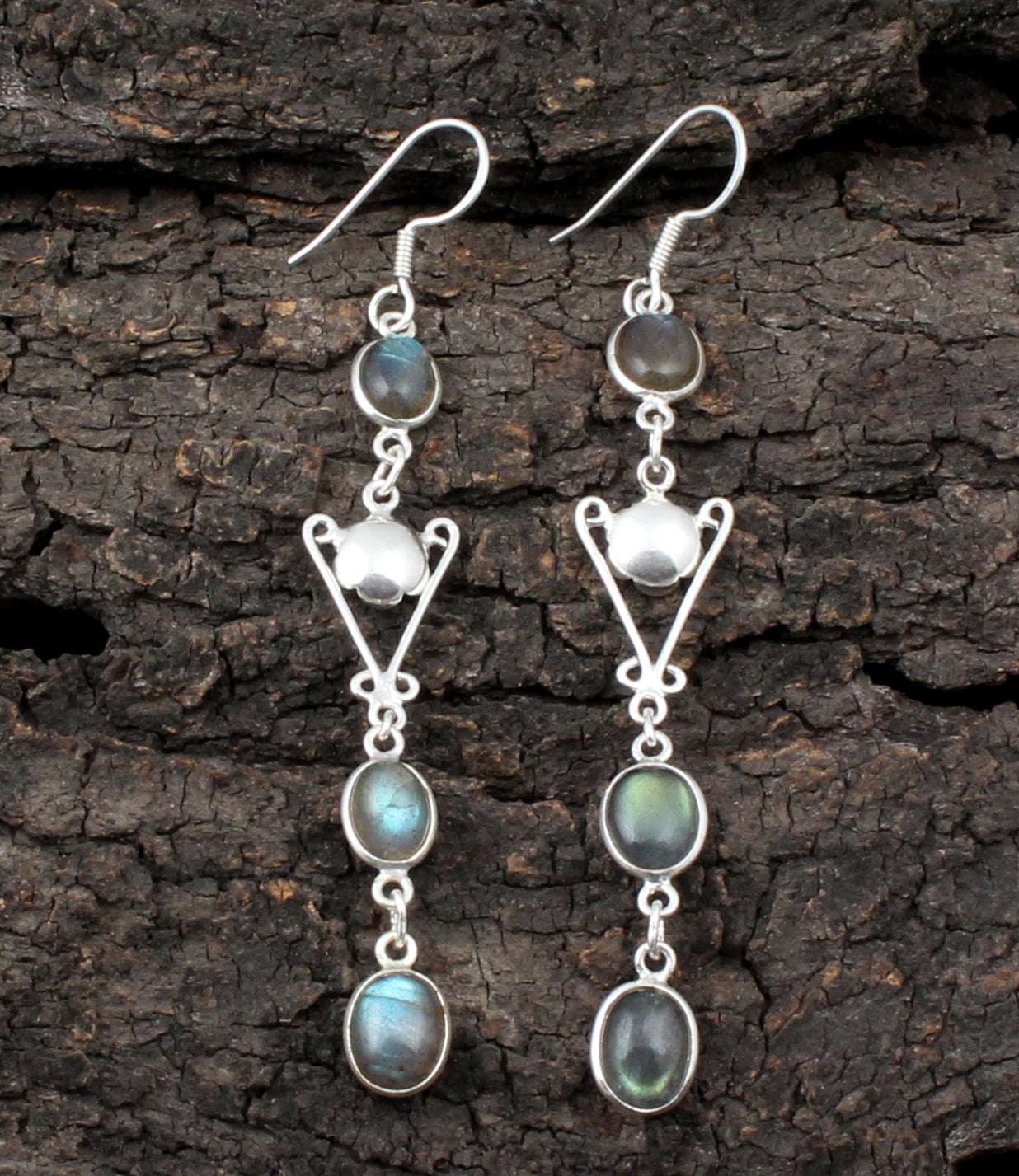 Long Dangle Labradorite Earrings with 925 Sterling Silver
