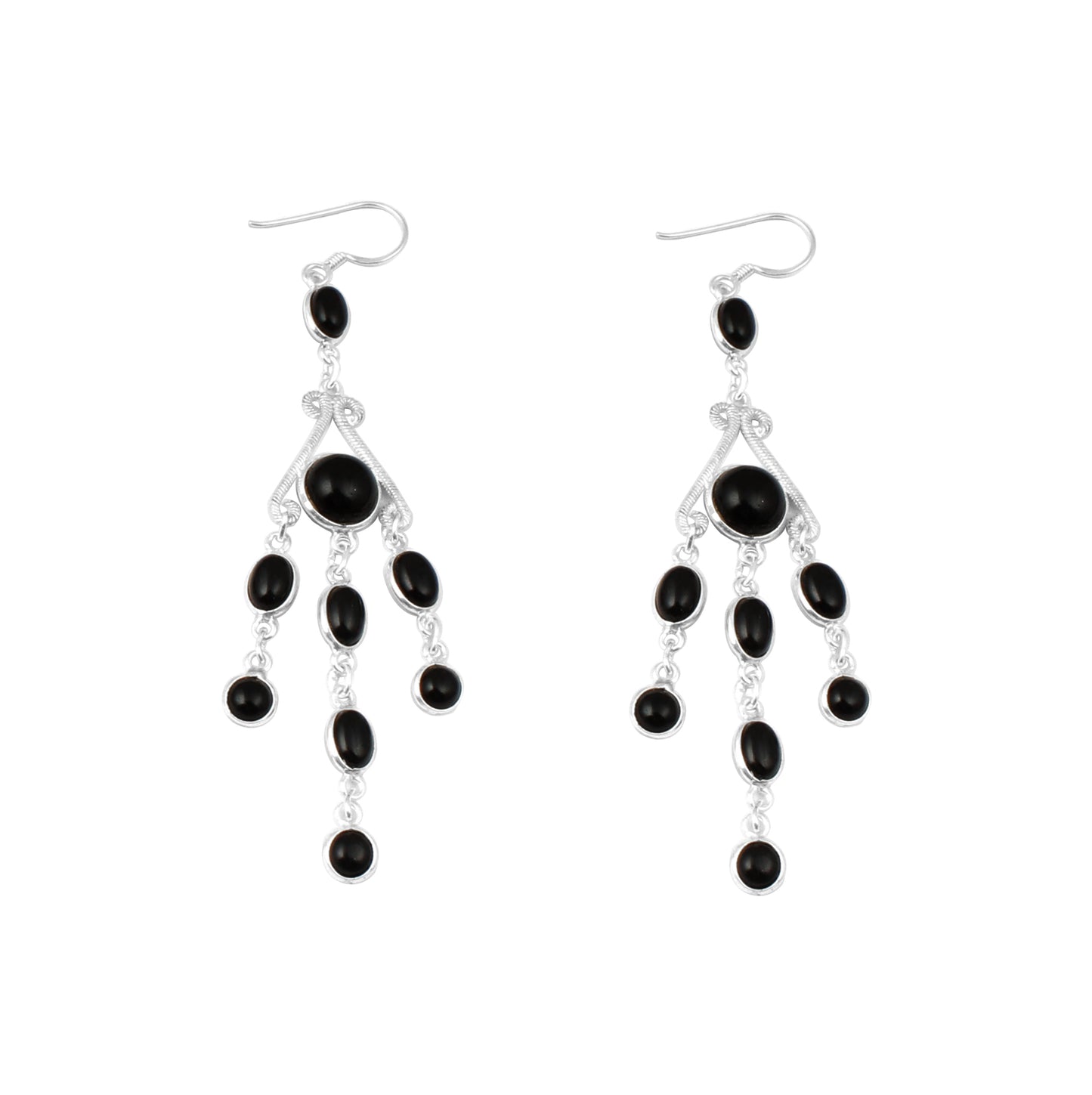 Ethnic Black Onyx Chandelier Earrings in 925 Sterling Silver