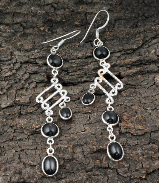 925 Sterling Silver Black Onyx Long Dangle Handmade Earrings