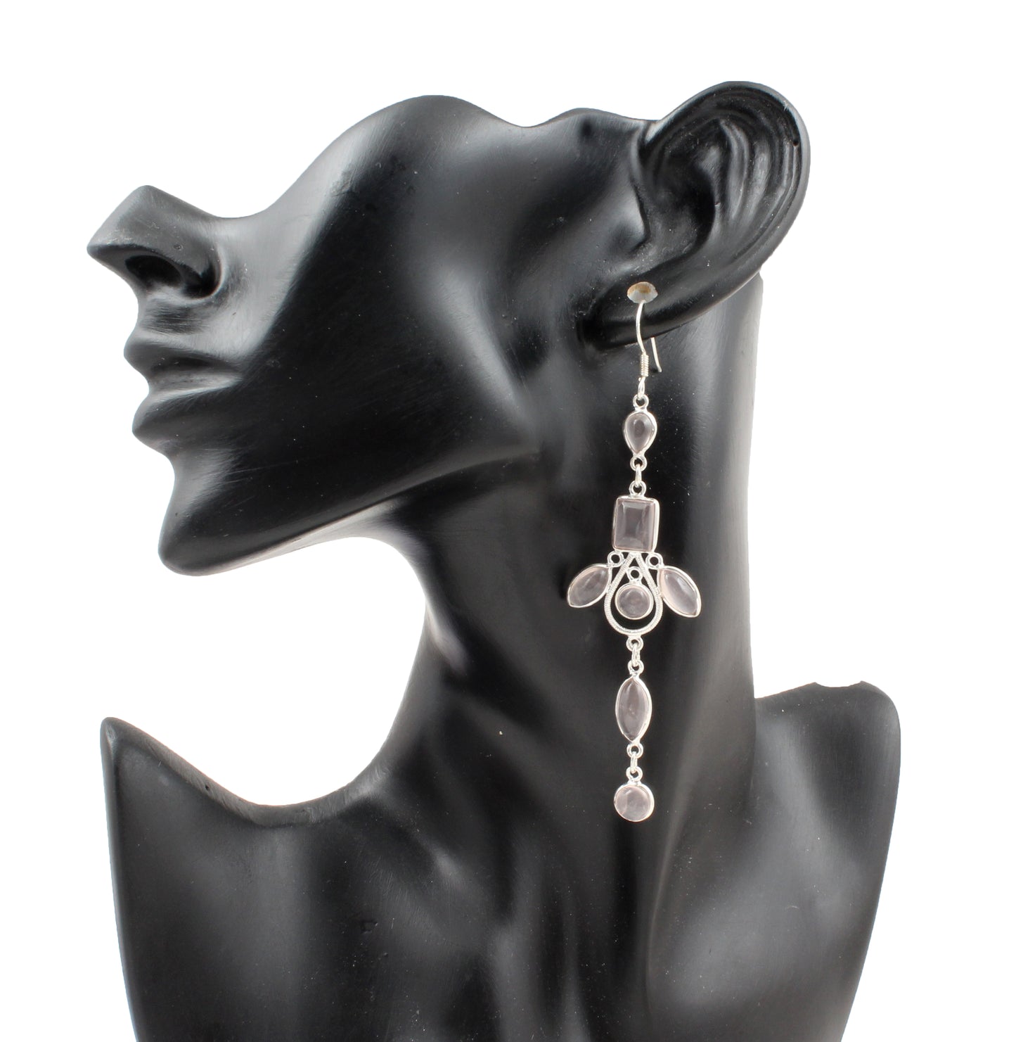Long Dangle Natural Rose Quartz Earrings Handmade 925 Sterling Silver Jewelry