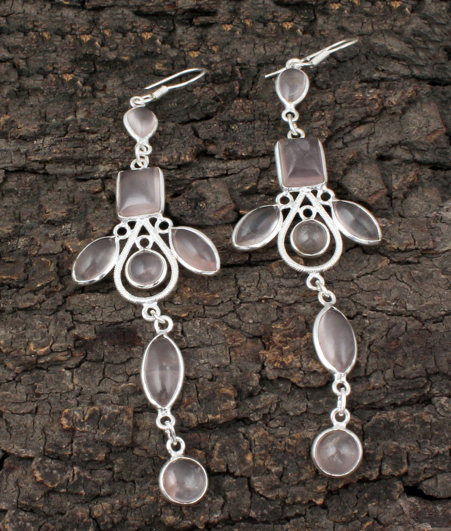 Long Dangle Natural Rose Quartz Earrings Handmade 925 Sterling Silver Jewelry