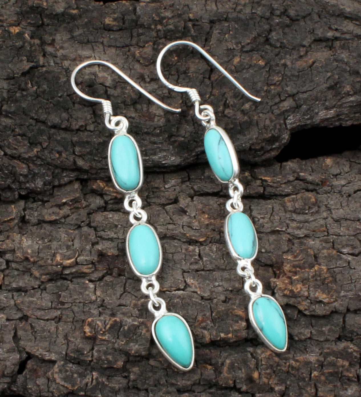 Turquoise Earrings in 925 Sterling Silver Handmade Long Dangle Jewelry