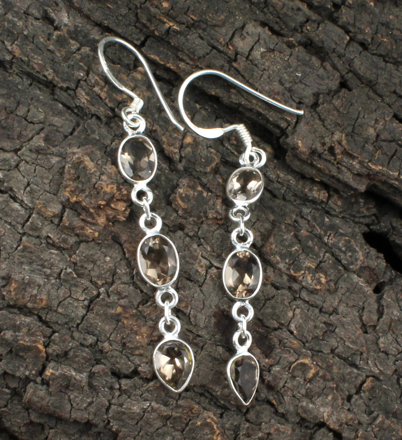 Smoky Quartz Gemstone Earrings in 925 Sterling Silver Bezel Set Earrings