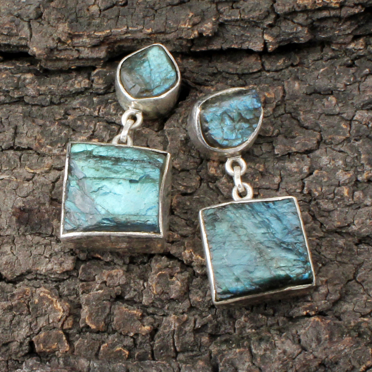 Raw Labradorite Dangle Earrings Handmade Rough Stone 925 Sterling Silver Jewelry