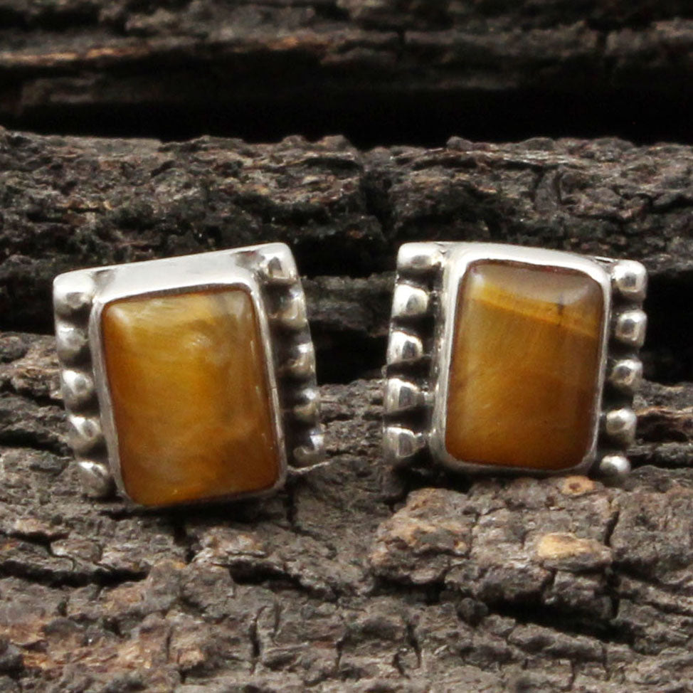 Tiger's Eye Gemstone Stud Earrings 925 Sterling Silver Boho Jewelry