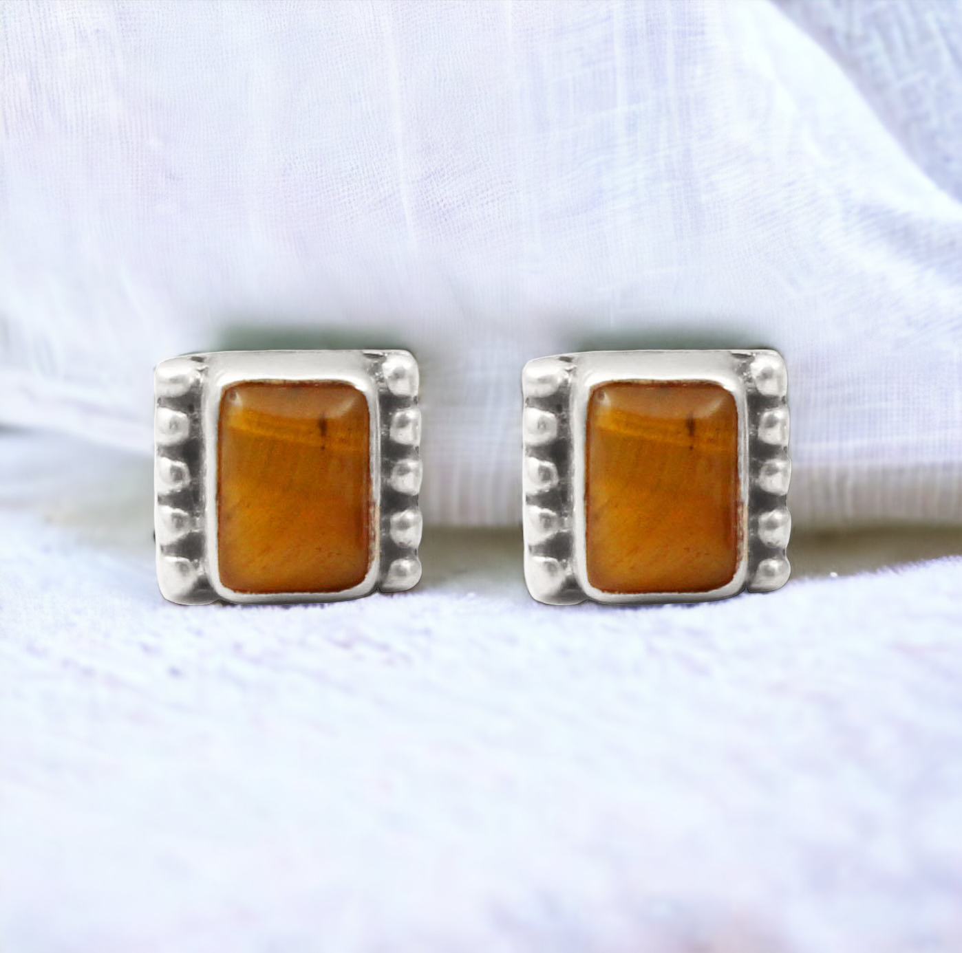 Tiger's Eye Gemstone Stud Earrings 925 Sterling Silver Boho Jewelry