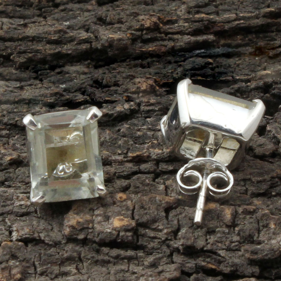 Green Amethyst Stud 925 Sterling Silver Natural Gemstone Prong Setting Earrings