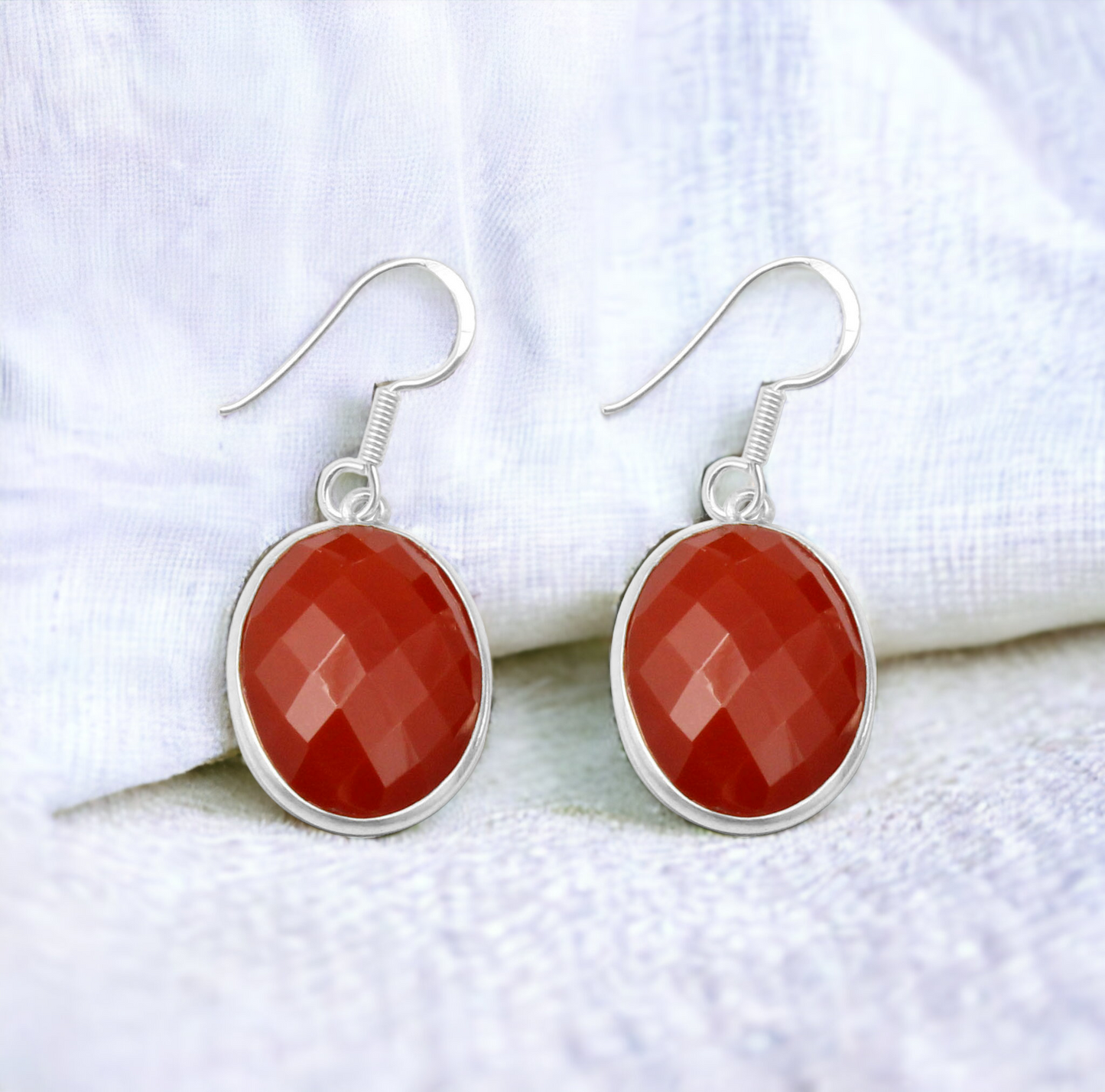 Bezel Red Onyx Earrings Oval Shape Faceted 925 Sterling Silver Dangle Earrings