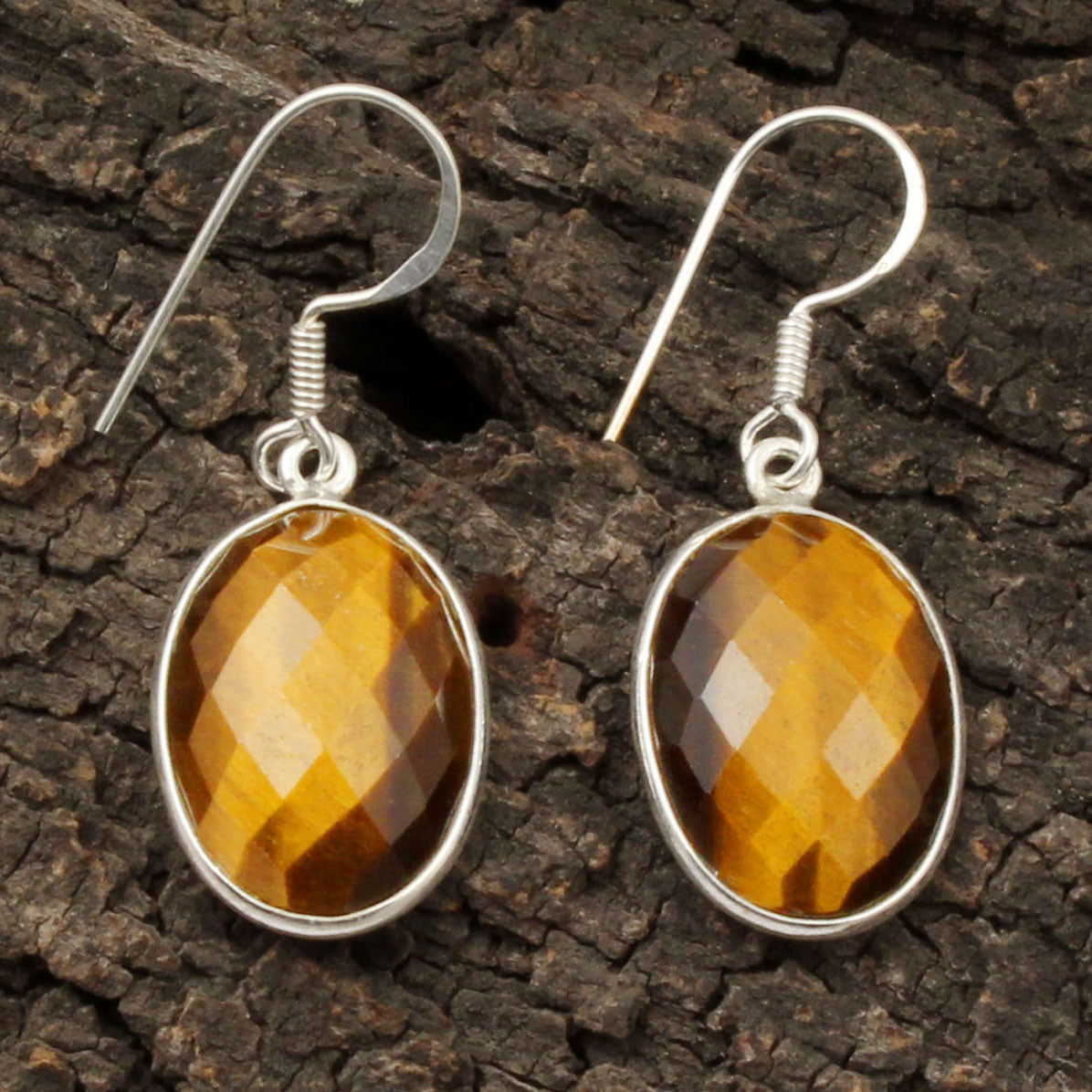 Tiger's Eye 925 Sterling Silver Earrings Oval Shape Faceted Gemstone Bezel Setting Earrings