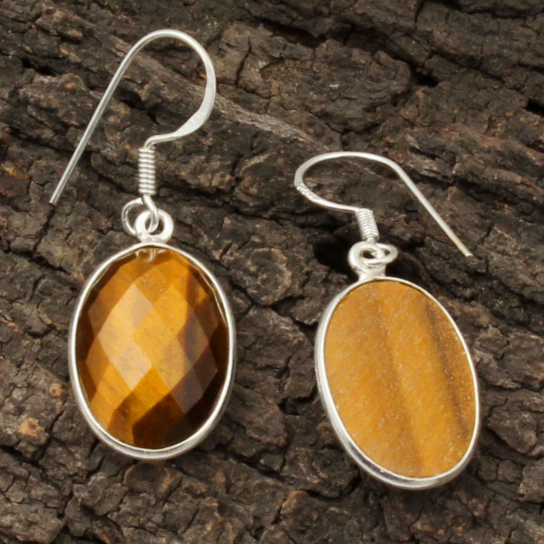 Tiger's Eye 925 Sterling Silver Earrings Oval Shape Faceted Gemstone Bezel Setting Earrings