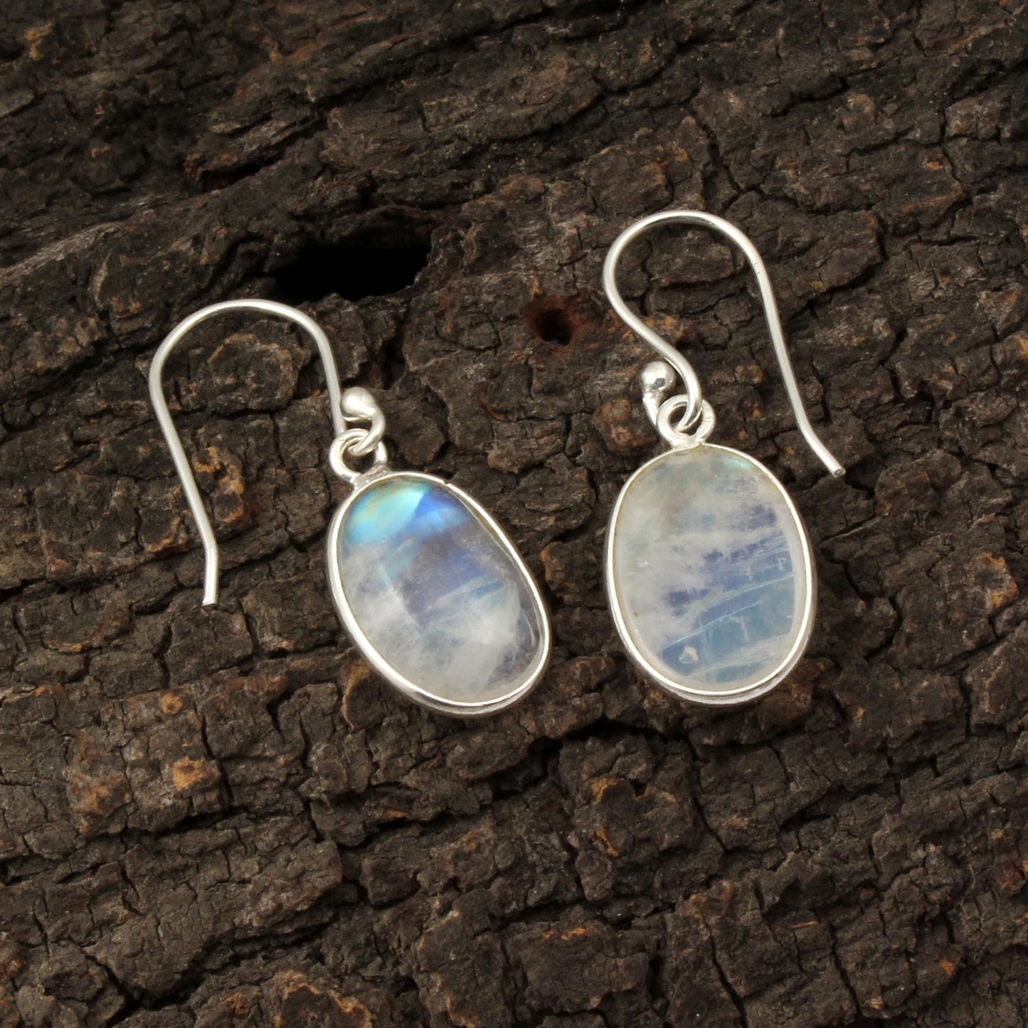 Rainbow Moonstone Oval Shape Earrings with 925 Sterling Silver Bezel Setting Earrings