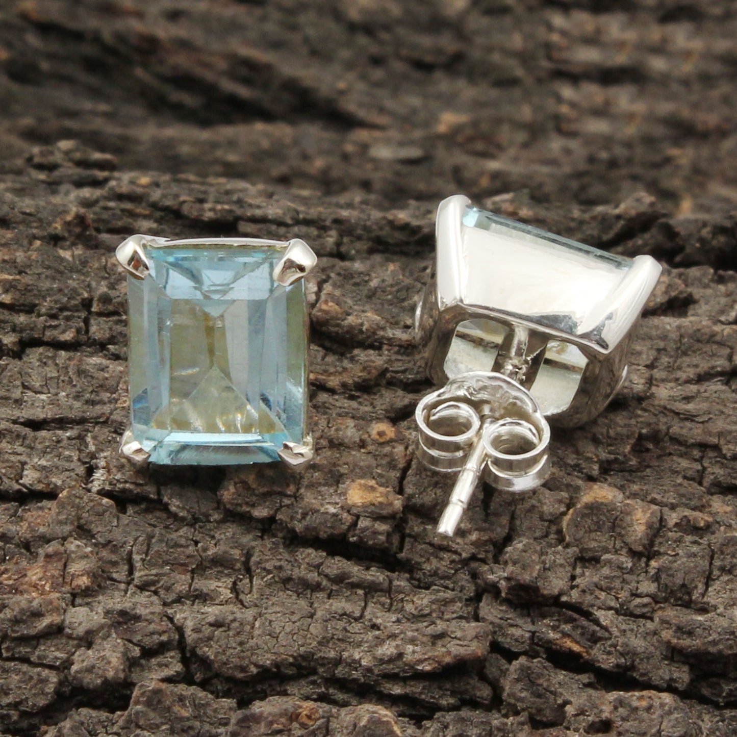 Faceted Blue Topaz Stud Earrings Handmade Prong Setting 925 Sterling Silver Earrings