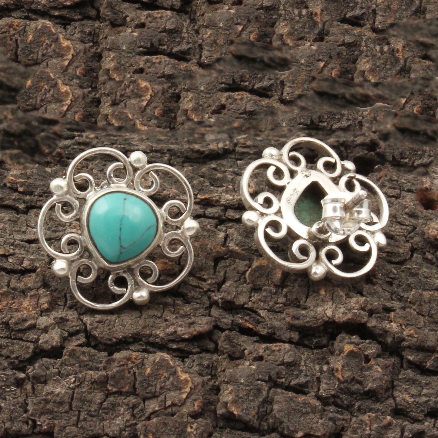 Turquoise Stud Floral 925 Sterling Silver Handmade Earrings Jewelry