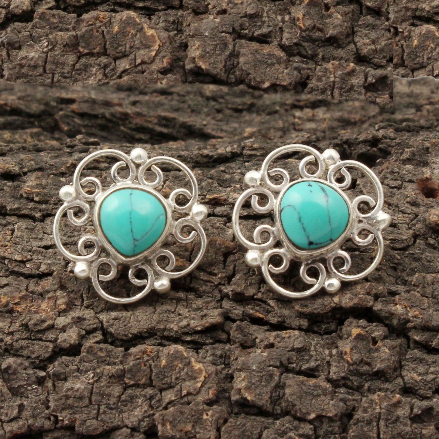 Turquoise Stud Floral 925 Sterling Silver Handmade Earrings Jewelry