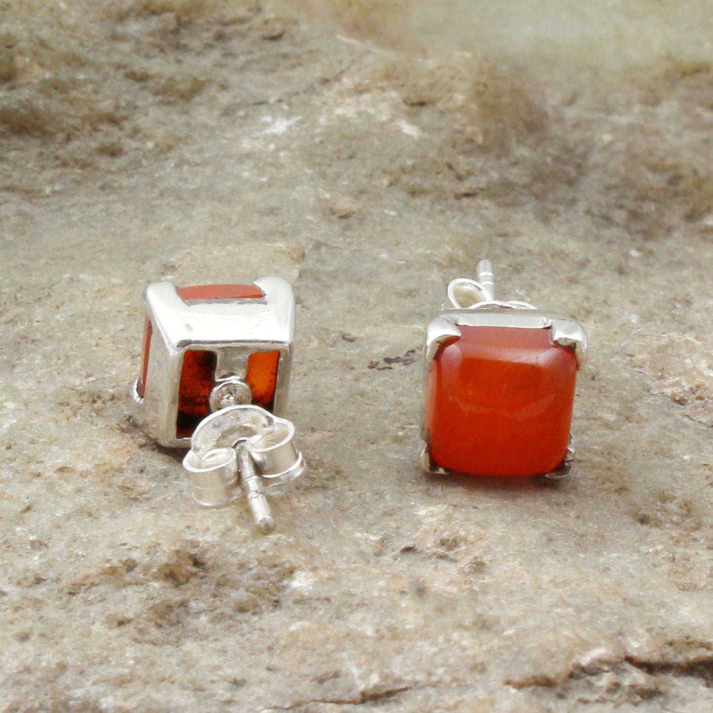 Natural Carnelian Gemstone Stud Handmade Prong Setting 925 Sterling Silver Earrings