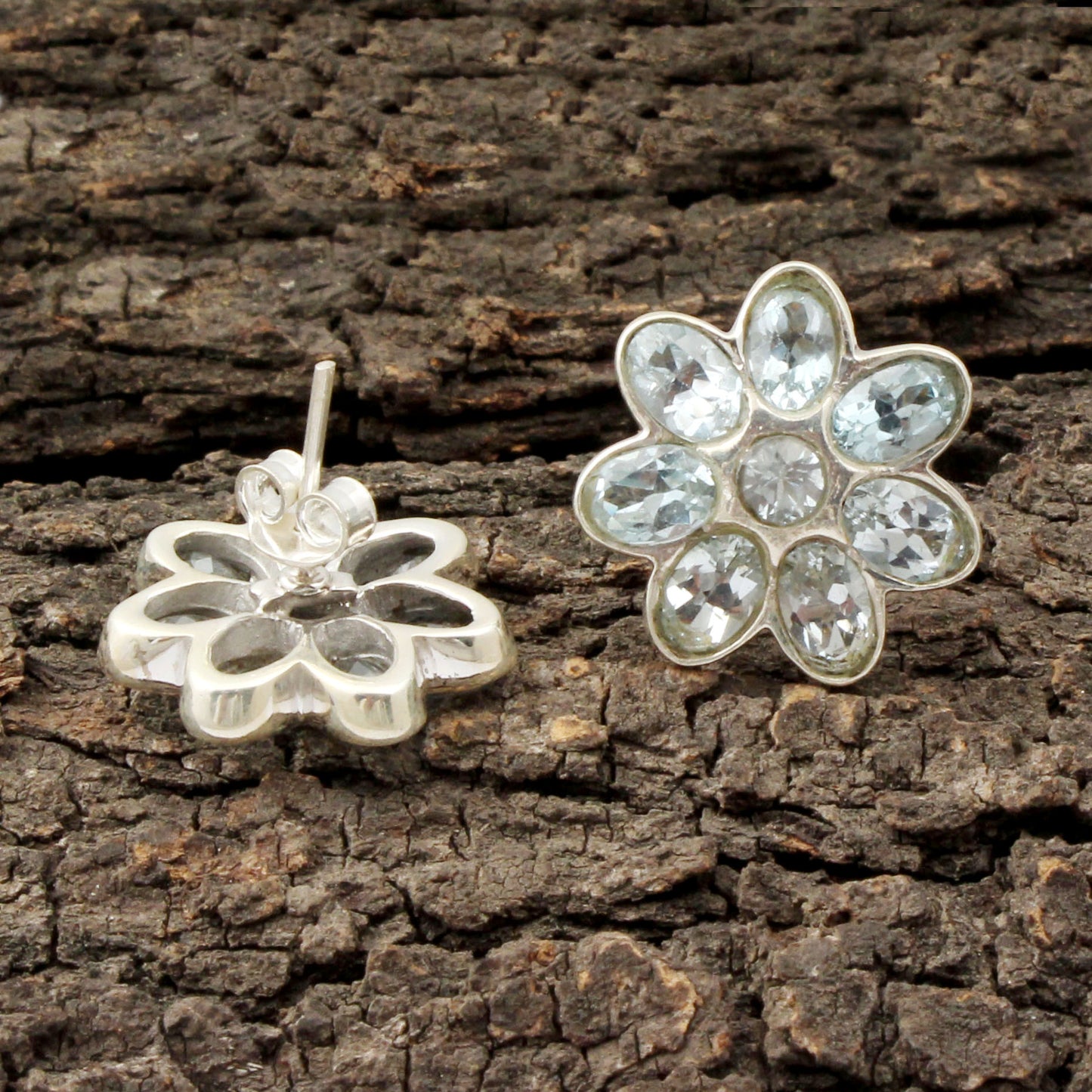 Multi Blue Topaz Floral Stud Earrings in 925 Sterling Silver Handmade Jewelry