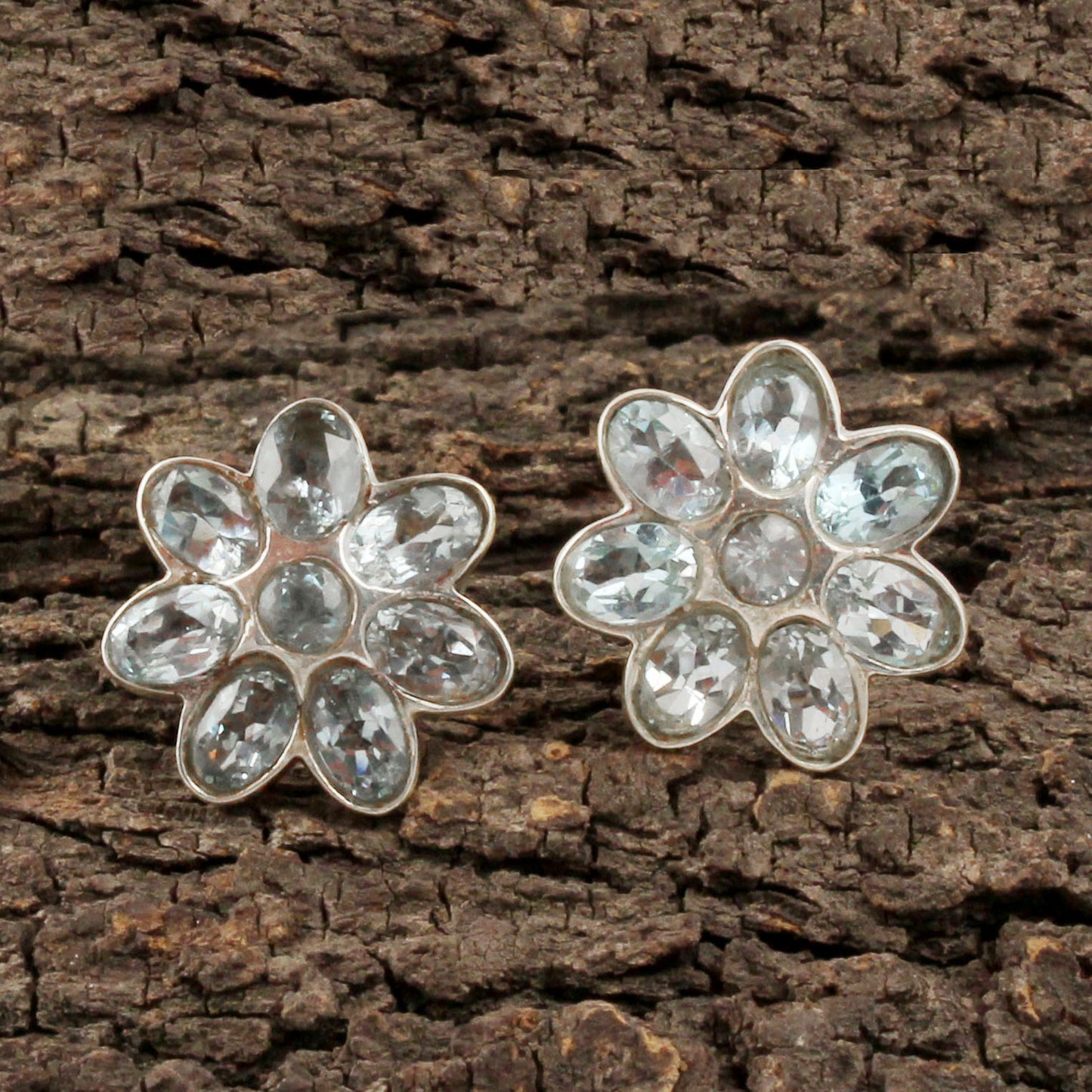 Multi Blue Topaz Floral Stud Earrings in 925 Sterling Silver Handmade Jewelry