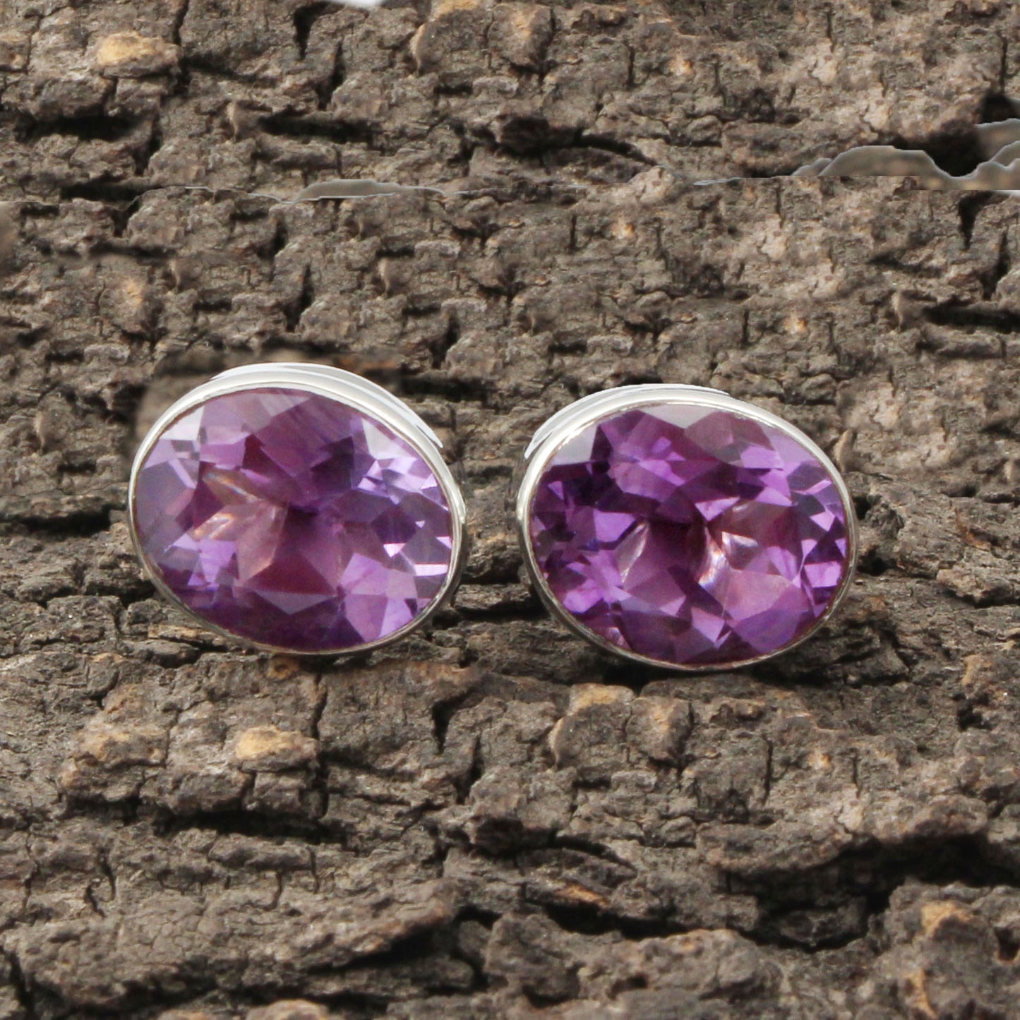 Oval Amethyst Stud Handmade 925 Sterling Silver Faceted Gemstone Earrings