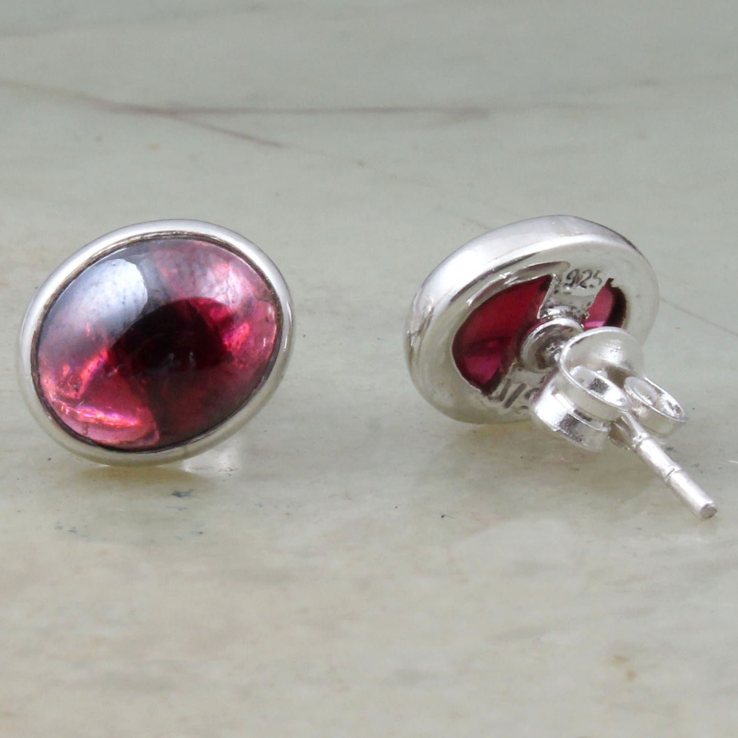 Natural Red Garnet Cabochon Handmade 925 Sterling Silver Bezel Set Earrings