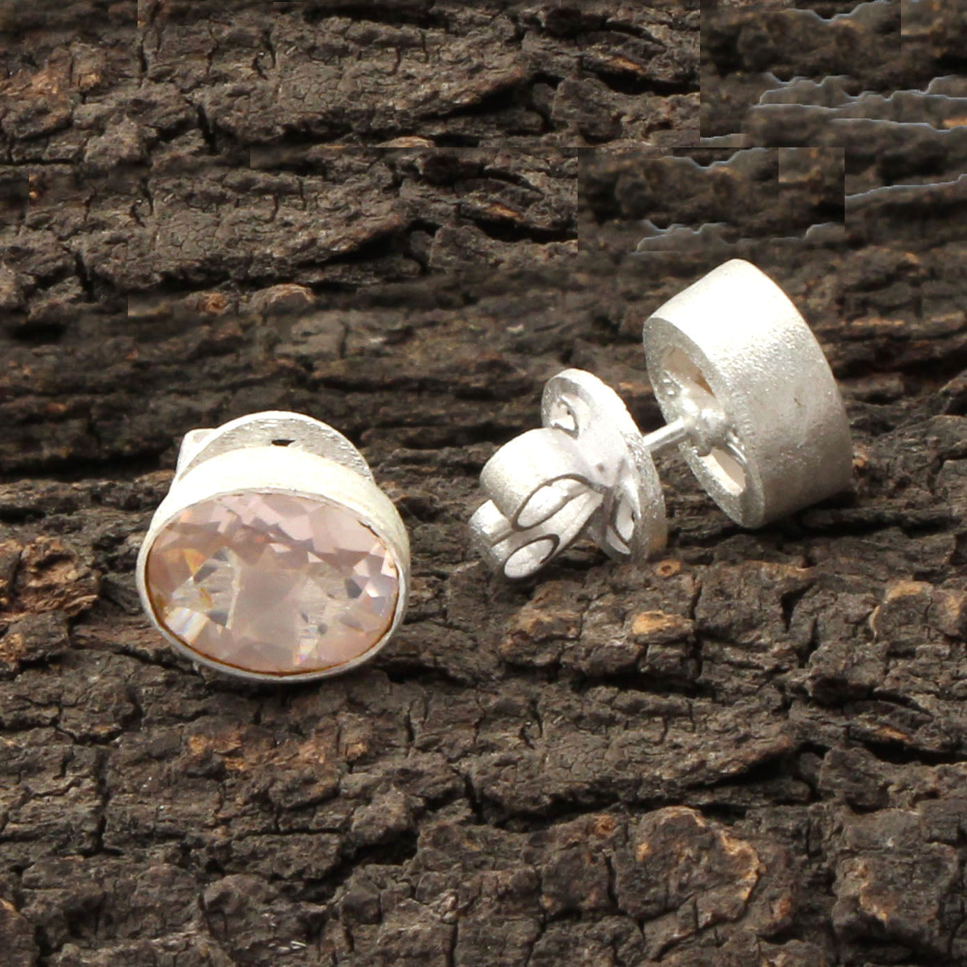 Rose Quartz Stud Handcrafted Matte Finish Bezel 925 Sterling Silver Earrings