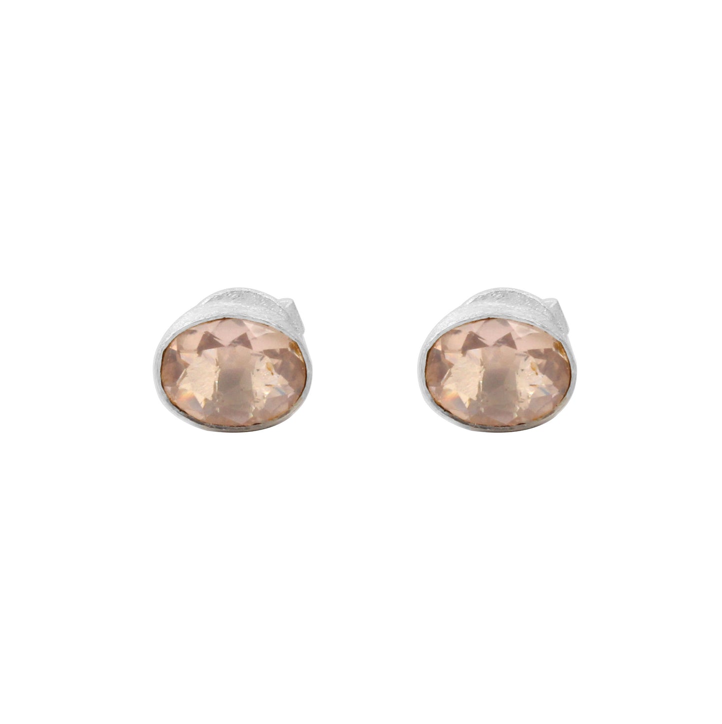 Rose Quartz Stud Handcrafted Matte Finish Bezel 925 Sterling Silver Earrings